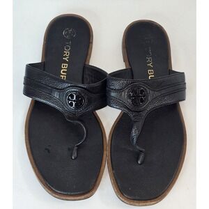 Tory Burch Carson‎ Thong Welt Flat Sandals Leather Logo Black Size 7.5M